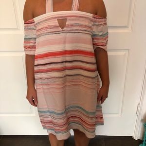 1. State Off shoulder halter striped dress
